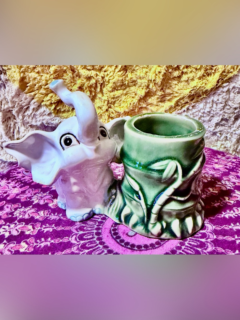 Vintage kitschy 1960s Ceramic Elephant Planter with Trunk Raised Good Luck